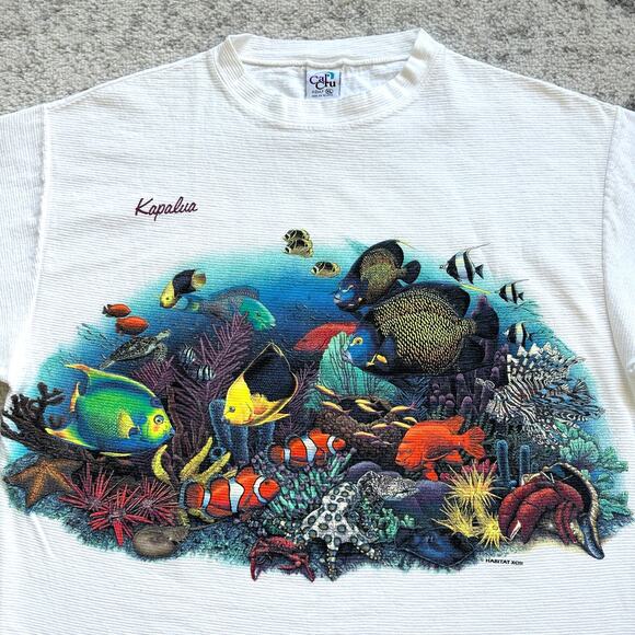 Vintage 1990s Cal Cru Aquarium Fish Ocean Print Habitat Graphic Tee XL - Picture 8 of 9